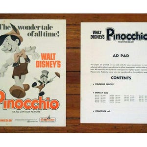 Vintage and Rare 1971 Walt Disney Pinocchio Re-release Promo Ad Press Release Pack