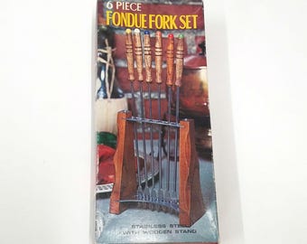 Vintage Walnut and Steel Fondue Fork Set Japan M-5061