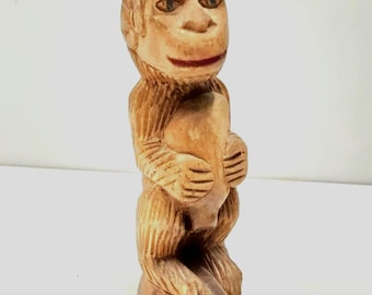 Vintage Hand-Carved Monkey Holding a Plantain