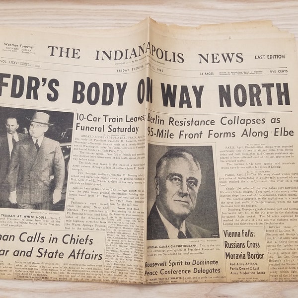 Vintage 1945 Roosevelt FDR Funeral Body Heading North Indianapolis Newspaper