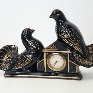 Vintage German Ceramic Bird Clock Dove Clock Black and Gold