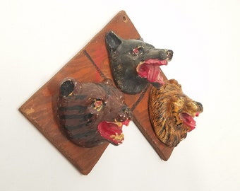 Vintage Ceramic Animal Heads Mounted to Wood - Lion, Wolf, Bear