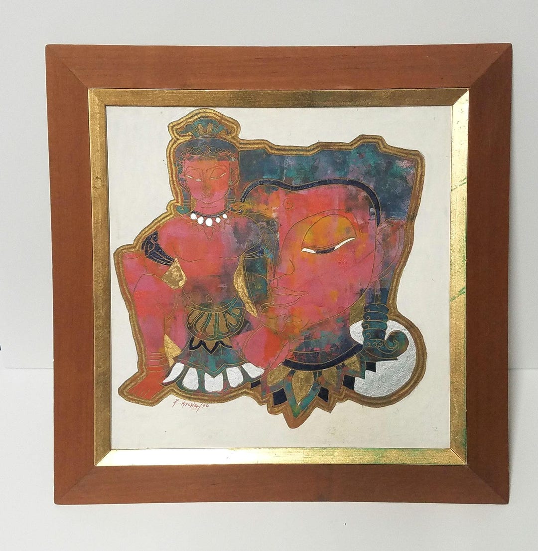 Vintage 1970 Monotype Original Buddha Painting by R