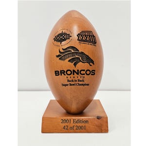 Vintage Denver Broncos Cherry Wood Football Sculpture: Super Bowl Champions