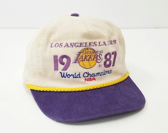 Vintage and Rare Los Angeles Lakers 1987 World Champions Corduroy Snapback Hat Purple Yellow and White Magic Johnson, Kareem Abdul-Jabbar