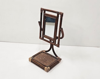 Vintage Rattan Bamboo Adjustable Tabletop Vanity Mirror