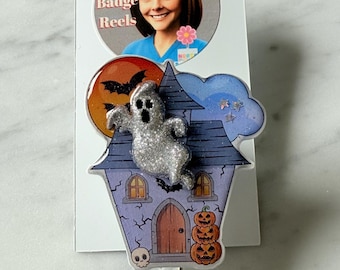 Haunted House with Glitter Ghost ID Badge Reel