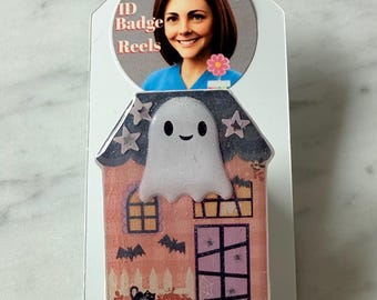 Pink Haunted House with Kawaii Ghost ID Badge Reel