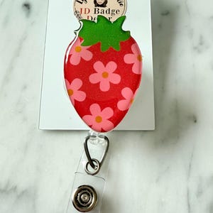 Floral Strawberry Badge Reel.  Strawberry ID Reel.