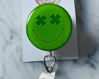 Shamrock Happy Face ID Badge Reel. St Patricks Day ID Badge Reel