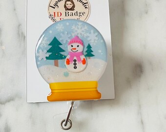 Snow-girl Snow Globe ID Badge Reel. Snowman ID Badge Reel