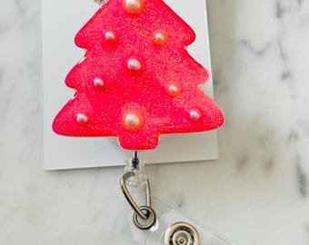 Pink Glitter Christmas Tree Badge Reel: Pearl Ornaments