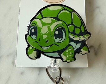 Smiling Green Turtle ID Badge Reel: Tortoise Reel Cover