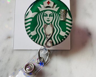 Coffee Nurse ID Badge Reel. Coffee Mermaid Nurse ID Badge Holder w/ silver coffee cup, stethoscope and nurse cap charms.