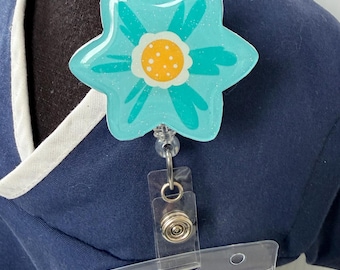 Teal Flower Badge Reel: Retractable ID Holder