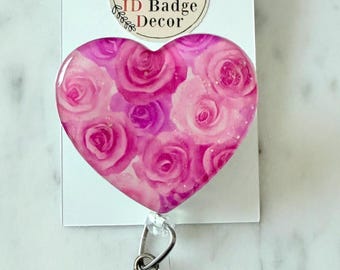 Pink Roses Heart ID Badge Reel: Handmade Glam Work Attire