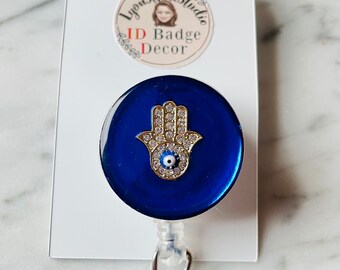 Golden Hamsa ID Badge Reel. All Seeing Eye Badge Holder.