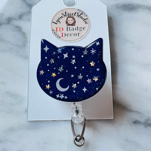 Moon and Stars Cat ID Badge Reel. Celestial Kitty Retractable ID Reel