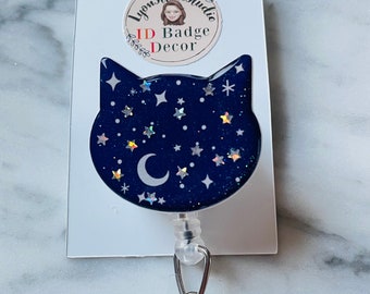 Moon and Stars Cat ID Badge Reel. Celestial Kitty Retractable ID Reel
