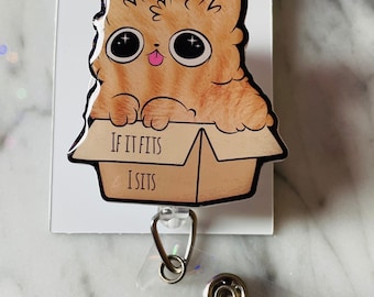 Orange Tabby Cat in a Box ID Badge Reel. Kawaii Kitty Retractable ID Reel. Orange Kitty ID Reel