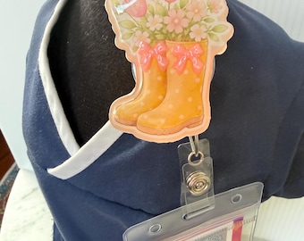 Spring Flower Rain Boots ID Badge Reel Cover – Pink Bows, Glitter Finish