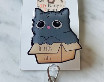 Cat in a Box ID Badge Reel. Kawaii Kitty Retractable ID Reel. Grey Kitty ID Reel