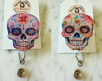 Sugar Skull Retractable ID Badge Reel: Dia de los Muertos