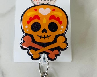 Sugar Skull ID Badge Reel.  Halloween Skull ID Reel