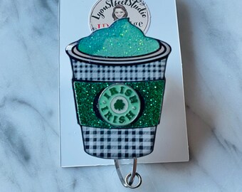 St Patricks Day ID Badge Reel. Coffee Cup Badge Reel.  Coffee to go Badge Reel. Irish Coffee Badge Reel