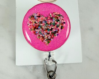 Glitter Heart ID Badge Reel: Pink Confetti, Handmade