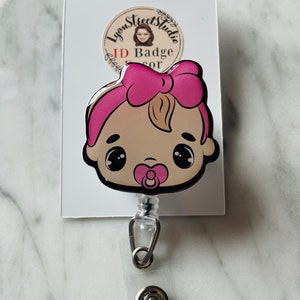 Baby Girl ID Badge Reel.  Baby with Pink Pacifier and Bow Badge Reel