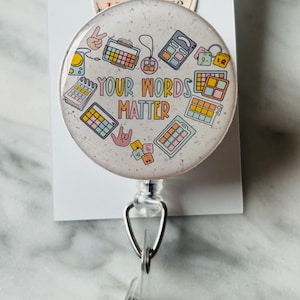 Bobine de badge d&#39;identification Words Matter. Bobine d&#39;identification d&#39;orthophonie.  Bobine de badge SLP