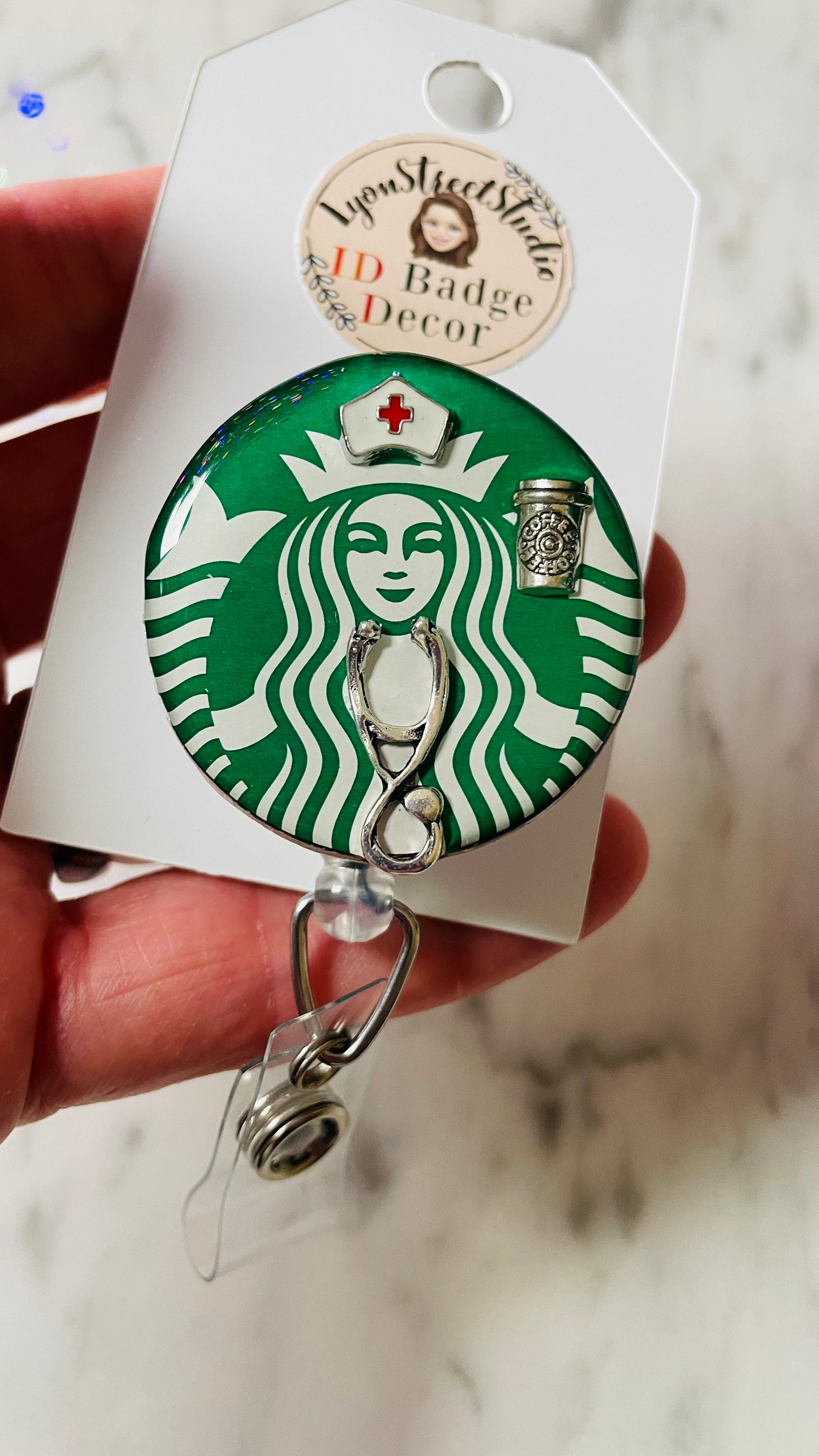 Coffee Nurse ID Badge Reel. Coffee Mermaid Nurse ID Badge Holder w/ silver  coffee cup, stethoscope and nurse cap charms.