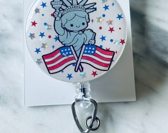Independence Day ID Reel.  Statue  of Liberty ID Badge Reel. Fireworks Retractable ID Reel.