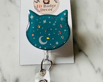 Teal Blue Moon and Stars Cat ID Badge Reel. Celestial Kitty Retractable ID Reel