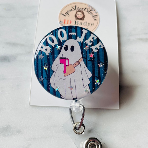 Boo-Jee Ghost ID Badge Reel. Ghost with Belt Bag  and Water Bottle Badge Reel. Halloween Ghost ID Reel