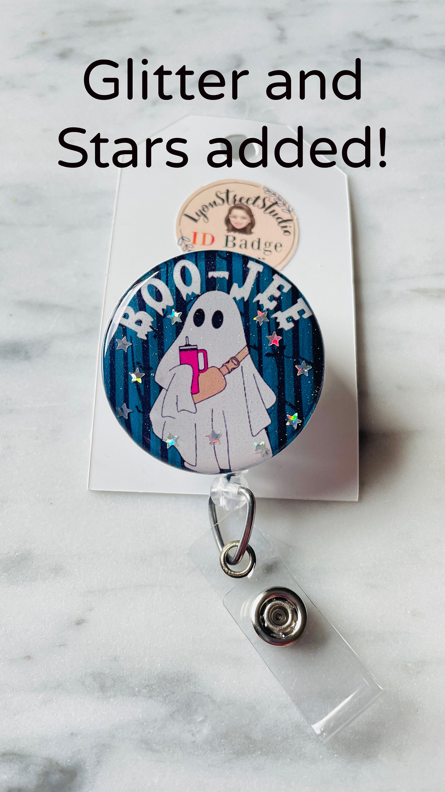 Boo-jee Ghost ID Badge Reel. Ghost With Belt Bag and Water Bottle