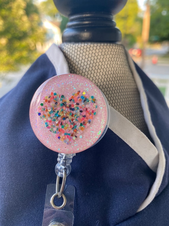 Glitter Heart on Bubblegum Pink Glitter Background ID Badge Reel