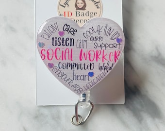 Pink Social Worker ID Badge Reel.  Social Worker Heart ID Reel