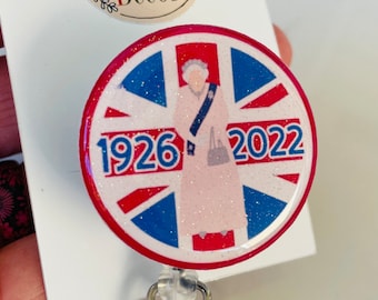 Queen Elizabeth ID Badge Reel. Queen Elizabeth in Formal Dress Badge Reel. Queen Tribute Pin