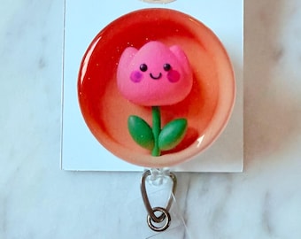 Pink Tulip ID Badge Reel: Floral Power Badge