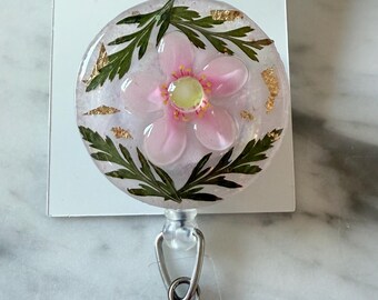 Pink Resin Flower ID Badge Reel: Dried Fern & Gold Flakes
