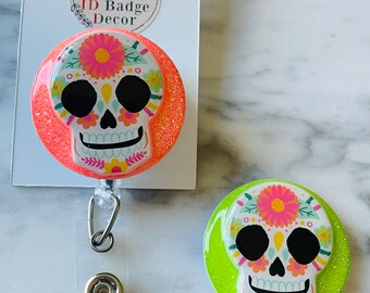 Sugar Skull ID Badge Reel. Candy Skull Retractable ID Reel. Dia de los Muertos ID Reel