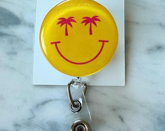 Happy Face Palm Tree ID Badge Reel: Tropical Badge Holder