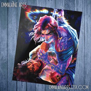 Puede incluir: Una pintura digital de dos figuras en una pose din&aacute;mica. La figura de arriba lleva una t&uacute;nica azul y morada con intrincados detalles. La figura de abajo lleva un atuendo rojo y dorado. El fondo es una nebulosa de colores que gira.