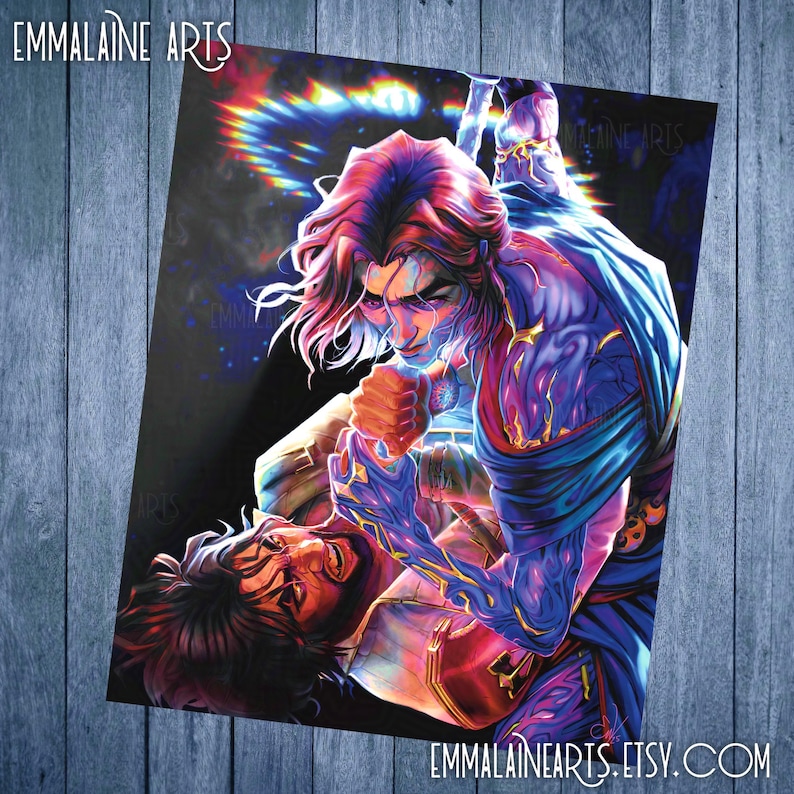 Puede incluir: Una pintura digital de dos figuras en una pose din&aacute;mica. La figura de arriba lleva una t&uacute;nica azul y morada con intrincados detalles. La figura de abajo lleva un atuendo rojo y dorado. El fondo es una nebulosa de colores que gira.