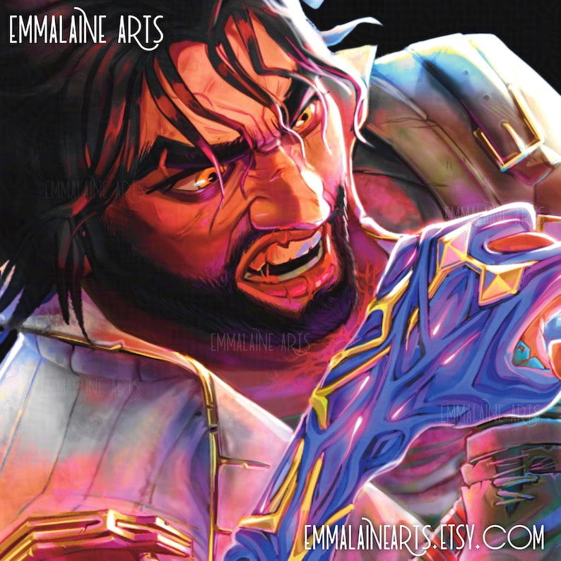 Puede incluir: Una ilustraci&oacute;n digital de un hombre con barba y ojos brillantes, que lleva una camisa blanca y una guantelete azul y dorado. El hombre tiene una expresi&oacute;n de enfado y mira hacia la derecha. El fondo es negro.