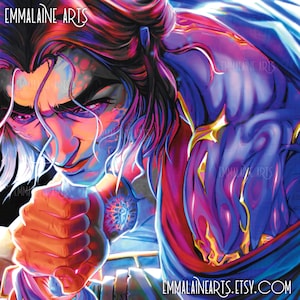 Puede incluir: Una pintura digital de una persona con cabello largo y oscuro y una expresi&oacute;n seria. La persona lleva una t&uacute;nica azul y morada con detalles dorados. La pintura est&aacute; realizada en un estilo vibrante y colorido.