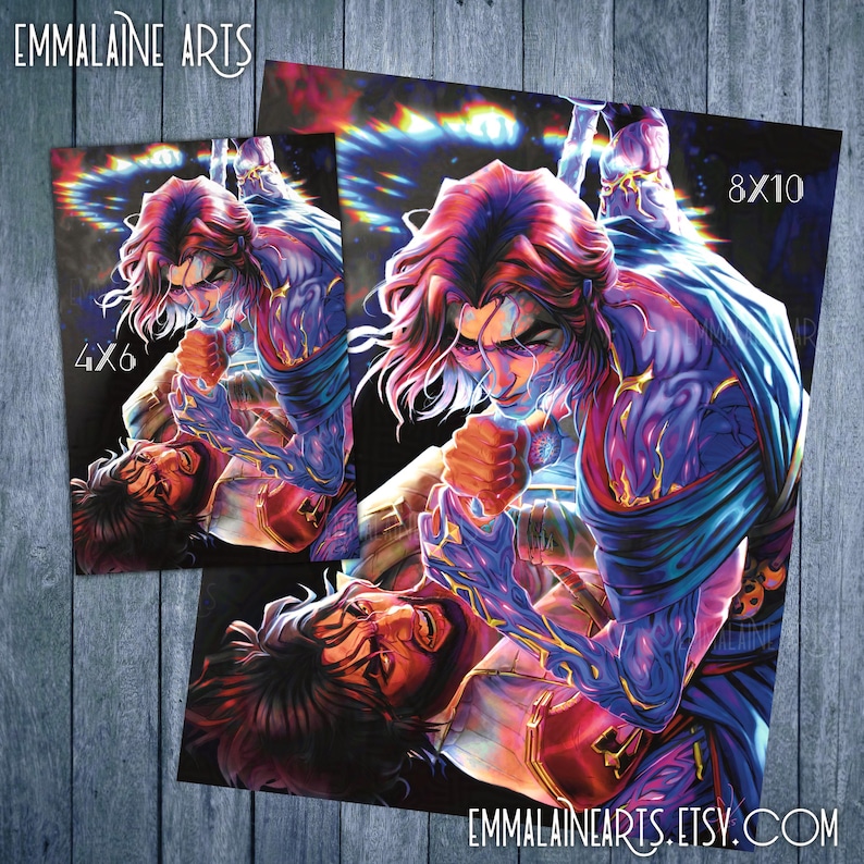 Puede incluir: Una impresi&oacute;n de arte digital de una escena de fantas&iacute;a con dos figuras. Una figura es una persona con cabello largo y rosado y un atuendo azul y morado. La otra figura es una persona con cabello casta&ntilde;o y un atuendo blanco. El fondo es una nebulosa azul oscuro y morado. La impresi&oacute;n est&aacute; disponible en dos tama&ntilde;os: 4x6 pulgadas y 8x10 pulgadas. La impresi&oacute;n se titula "EMMALAINE ARTS".