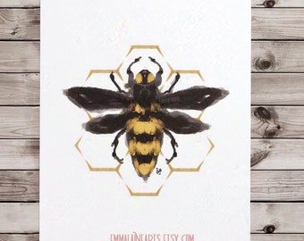 ABEILLE, Geometric Bee ArtPrint| Honey Bumblebee Decor| Geometric Minimalist Yellow Design| Gold Black Watercolor Insect Illustration| Gifts